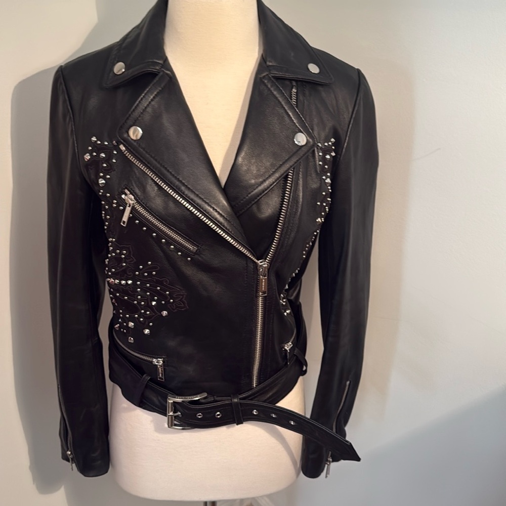 Like New MICHAEL Michael Kors Studdded Belt Biker Jacket 100% Real Lamb Leather